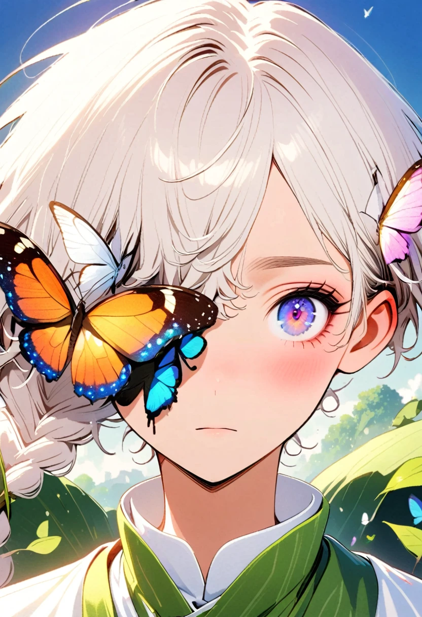 Style 9,boys,Covering one eye with leaves,Butterfly landed on the eye