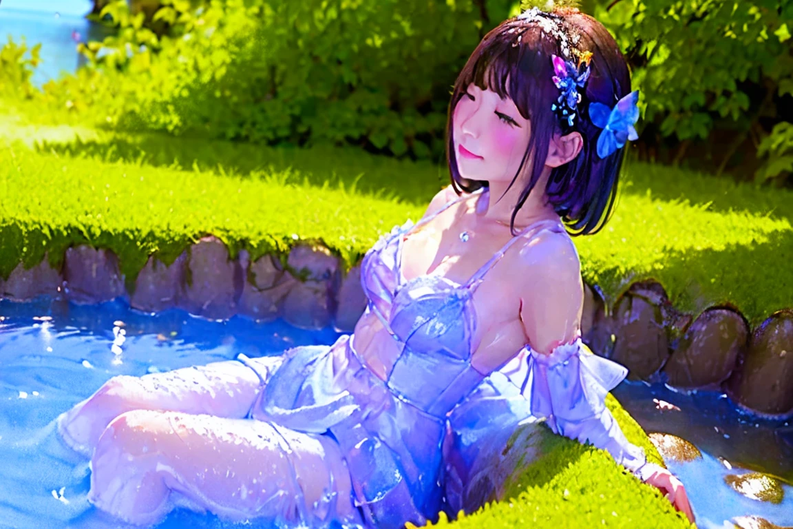 a fairy sitting nearby the lake, stinky cum bath