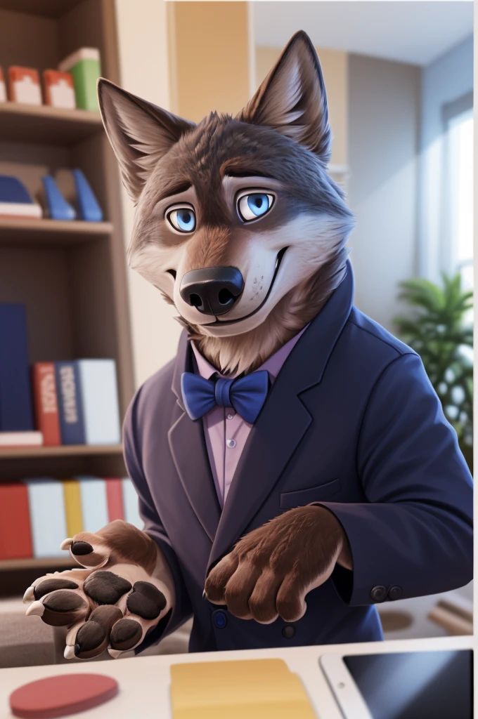 Larry (Zootopia), wolf, Gray Fur, (brown body:1.3), beautiful blue eyes, Zootopia, dressed,blazer,pink shirt,trousers,bow tie,бутоньерка groomа,canine,wolf, Detailed fur, male, antro, paw pads, finger claws, Plays,at viewer, 5 fingers, paws, 4 toes, in the marriage palace, groom,ring on a finger, 
BREAK from nextel, for dating, by xenoforge, (difficult, high detail,digital photography, soft focus, RAW, close to the camera, smile, positive, good, mood, Houses, looks at the viewer, очень close to the camera, in the shop,his wedding, wedding palace combination, 
Photorealism, realistic, photorealistic,digital style, Subsurface scattering,очень close to the camera
шедевр, Best quality, ultra realistic, 8 k)