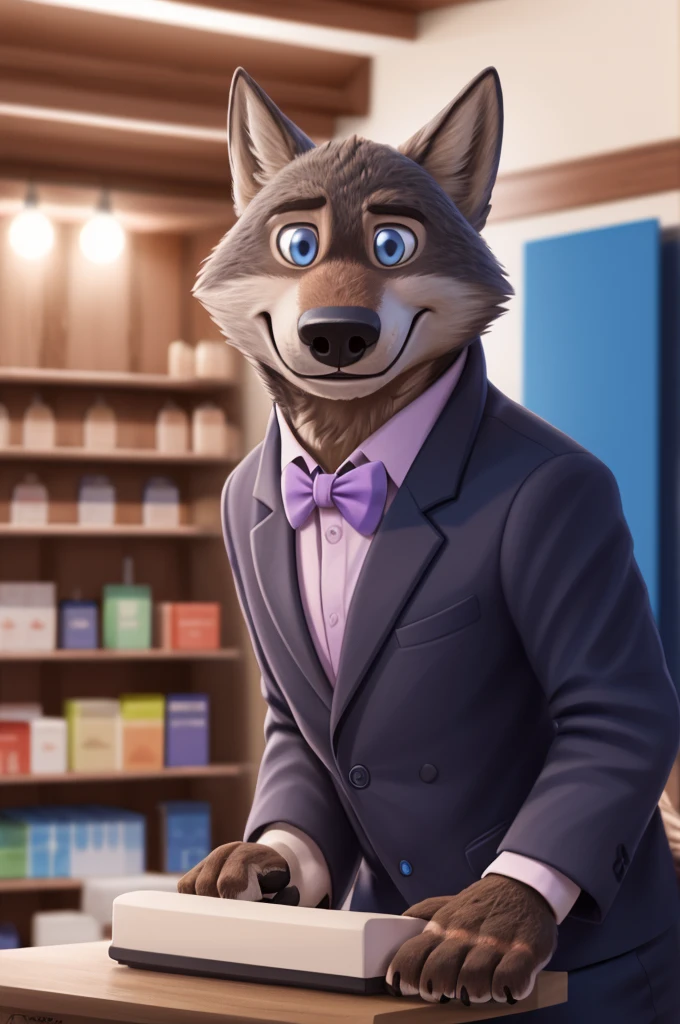 Larry (Zootopia), wolf, Gray Fur, (brown body:1.3), beautiful blue eyes, Zootopia, dressed,blazer,pink shirt,trousers,bow tie,бутоньерка groomа,canine,wolf, Detailed fur, male, antro, paw pads, finger claws, Plays,at viewer, 5 fingers, paws, 4 toes, in the marriage palace, groom,ring on a finger,
BREAK from nextel, for dating, by xenoforge, (difficult, high detail,digital photography, soft focus, RAW, close to the camera, smile, positive, good, mood, Houses, looks at the viewer, очень close to the camera, in the shop,his wedding, wedding palace combination,
Photorealism, realistic, photorealistic,digital style, Subsurface scattering,очень close to the camera
шедевр, Best quality, ultra realistic, 8 k)