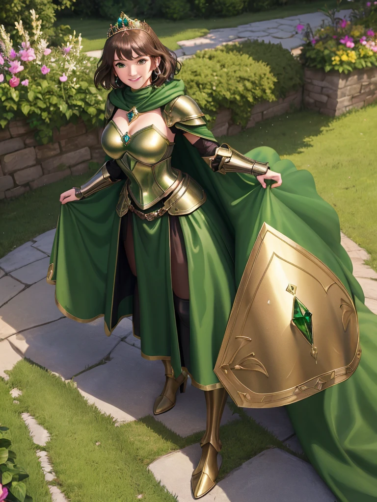 masterpiece, best quality:1.2), 1girl, smile, looking at viewer, green eyes, short brown hair, princess, armor, , pauldrons, armored dress, green cloak cape, wearing puffy blue ballgown skirt, golden tiara with green gem, armored boots, fingerless gloves, standing in medieval garden