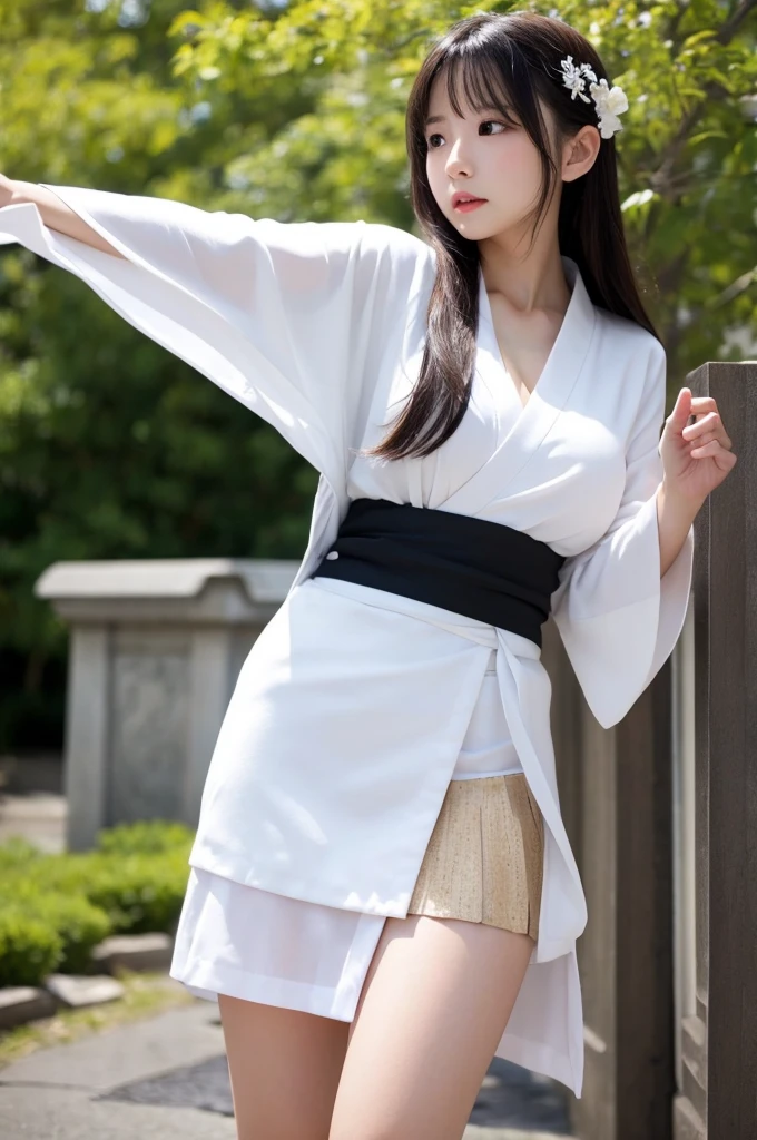 White kimono、Black Mini Skirt、woman、cool、fighting stance、D cup breasts、looking away