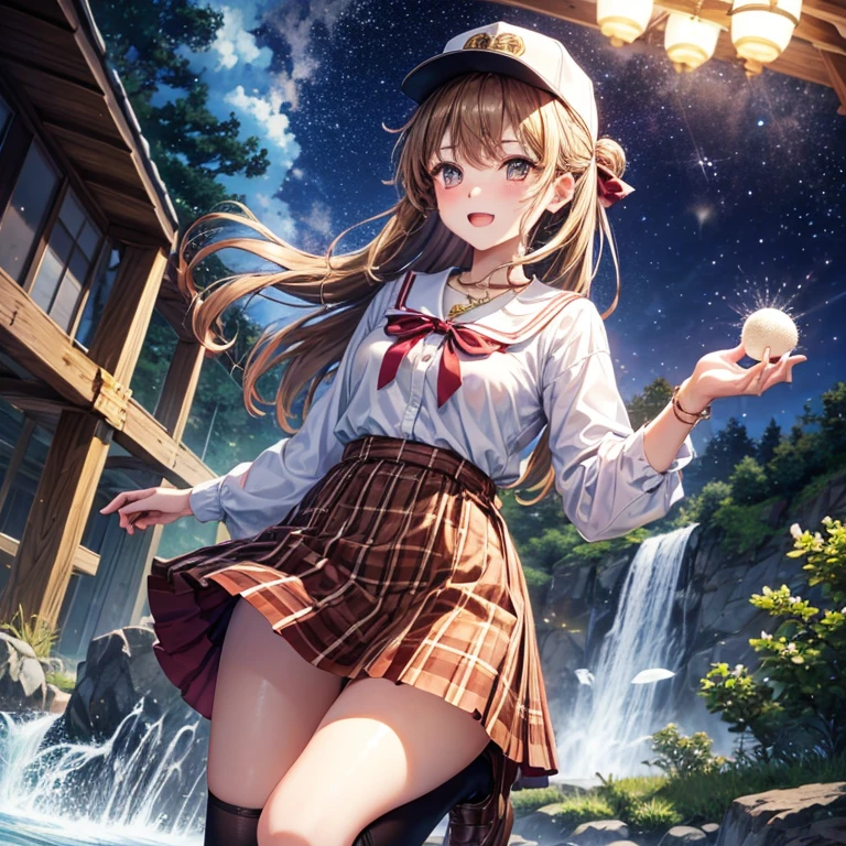 Red, brown, gold, gold hair、Golden Eyes、Hair tied up、One good looking girl、solo、anime、Checkered mini skirt、Ruffles on the skirt、Checked dress、blouse、school uniform、Black knee-high socks、Wearing a baseball cap、Ribbon、Ribbon on waist、Teeth are visible、Silver coin necklace、From above、Cobblestones、waterfall、Starry Sky、Midnight Moon、suspension bridge、Soap bubbles are flying、beam、ripple、Rocks floating in water、Crab walking、Have rice balls