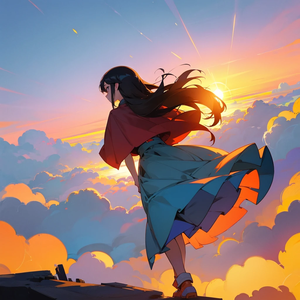 The girl is hovering above the clouds and looking at the setting sun, back view of the back and the sun, Girl looking at the sunset