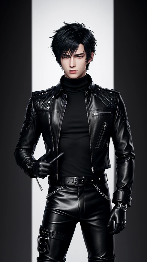 Final fantasy taste and reality graphics, Japanese young cute and cool ikemen boy, his age is early 20s, thin eyebrows and beady eyes, he wearing off black color leather thick singlebrest biker jacket, with epaulet, must close the front of the leather jacket, jacket is biker style, jacket is voluminous, , jacket collar is high length stand-up collar with belts, jacket is a little black line pattern,close the front of the jacket, also wearing black thick turtleneck lackluster shirts, tight black leather pants, shiny black leather tight and thin glove, black leather knee-high raceup boots,must views head-to-toe,must views whole body, boy looks like fashion model,Do not show skin from the neck down,leather jacket leather glove and leather pants have few wrinkles,boy in the room,