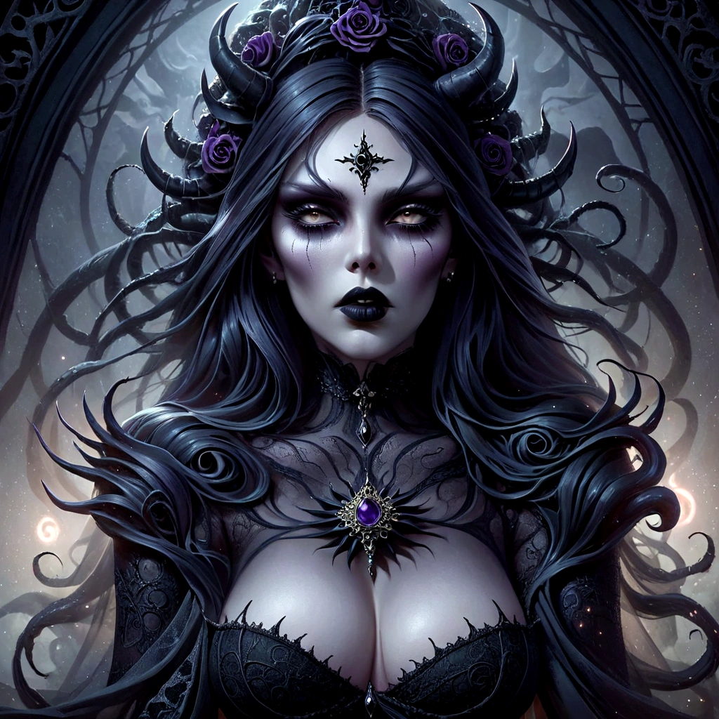 a close up of a woman with a very large breast and a very large breast, goddess of death, fantasy dark art, gothic fantasy art, portrait of a dark goddess, gothic maiden of the dark, dark fantasy art, goddess of the underworld, beautiful elegant demon queen, gothic art, queen of the underworld, dark fantasy style art, dark goddess with six arms