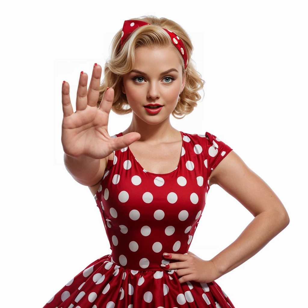 attractive blonde pin-up girl, showing stop with hand, full length in red dress with large polka dots, wavy short pin-up hairstyle with red bandana, dynamic pose, curved waist, professional shooting, super realism, white background