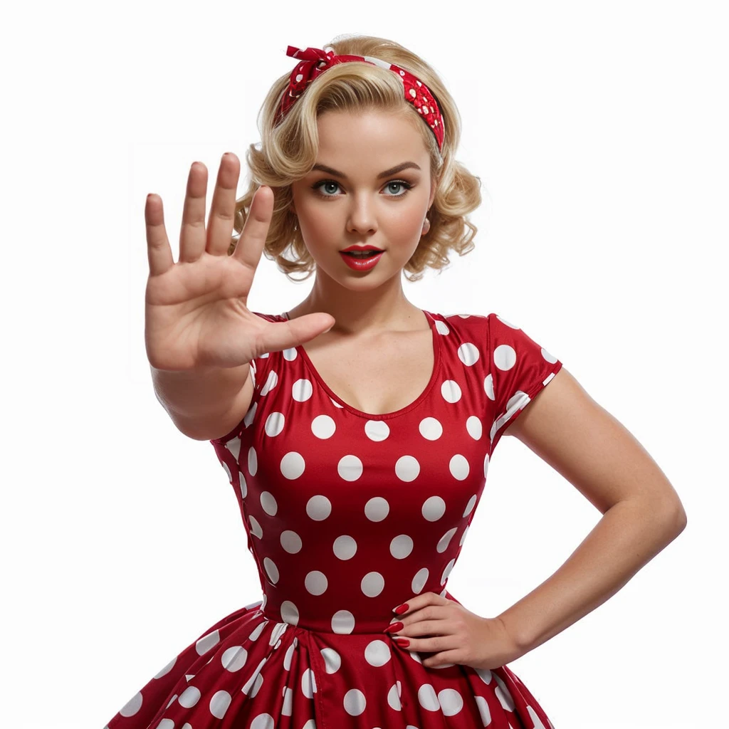 attractive blonde pin-up girl, showing stop with hand, full length in red dress with large polka dots, wavy short pin-up hairstyle with red bandana, dynamic pose, curved waist, professional shooting, super realism, white background