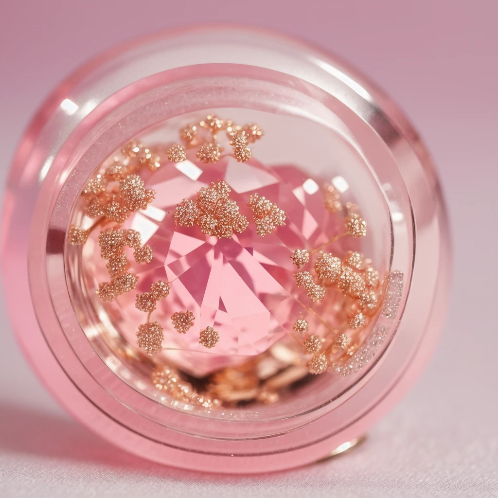 Fairy, gold,  Miniature, Miniature World, realistic, pink, Opalescent, ball crystal, intimate portrait composition, Leica 50mm, f1. 4,Highly Detailed,(Low Contrast:1.3)