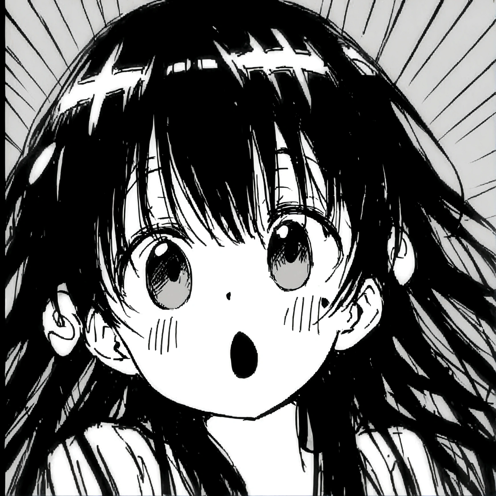 Black Hair、Grating、Ribbon hair ornament on the right、Wide-open eyes、Girl