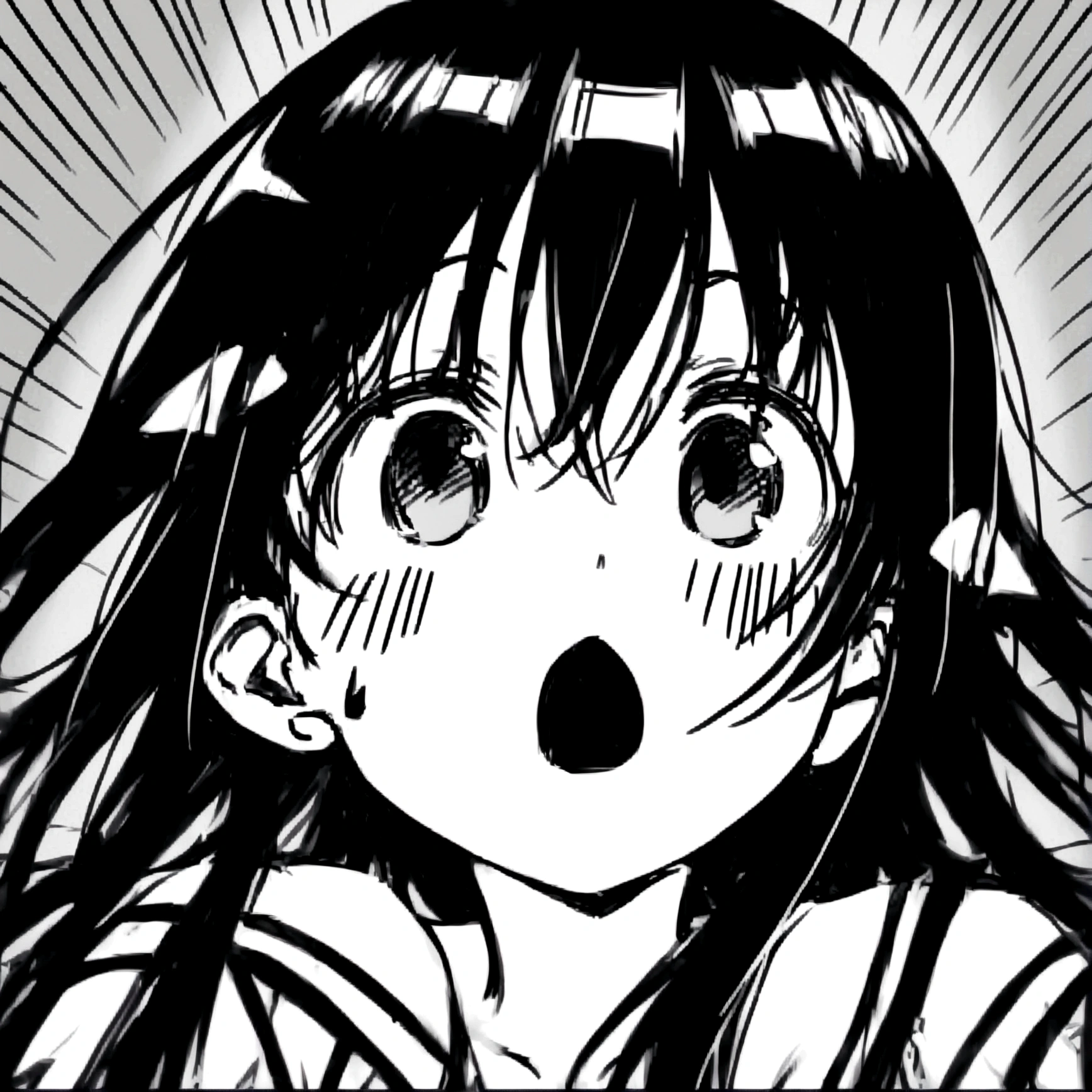 Black Hair、Grating、Ribbon hair ornament on the right、Wide-open eyes、Girl