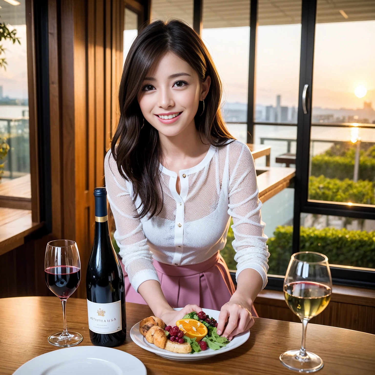 ((Highest quality、8K、masterpiece:1.3))、1 male、1 female、Satomi Ishihara、7 years old、Slim Beauty、Pink Couple、smile、 (Slim face), (the body is スリム), (Brown Hair), (Shortcuts), テーブルのフルコースディナーとwine glass、Amazing view of the sunset sky and clouds、smileの美しさ、Wine bottle、sparkling wine、Long sleeve shirt、dress、White wine, red wine, wine glass,