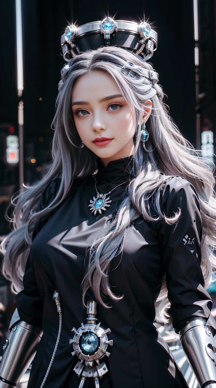 elegant hair,One girl,alone,Mechanical Headwear,Looking up at the lens,Gray Hair,Long Hair,whole body,Mechanical Arm,(shine:1.2),Earrings,View your viewers,Mechanical Necklace,Positive symmetrical composition,blue eyes,Robot Background,diamond,Background of the giant light engine,Mechanical legs,.