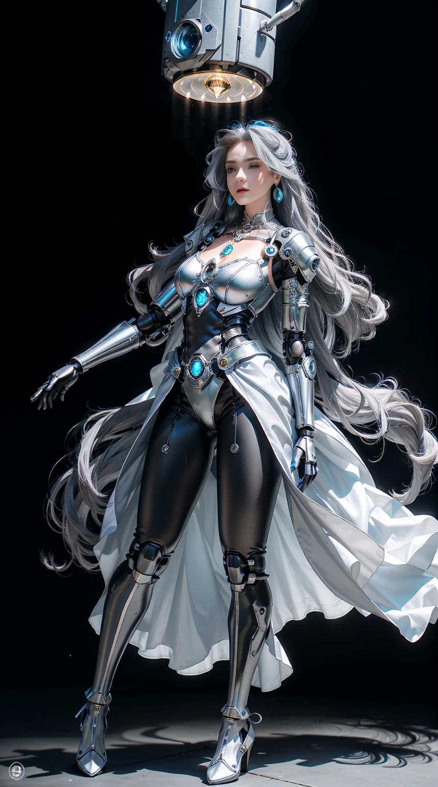 elegant hair,One girl,alone,Mechanical Headwear,Looking up at the lens,Gray Hair,Long Hair,whole body,Mechanical Arm,(shine:1.2),Earrings,View your viewers,Mechanical Necklace,Positive symmetrical composition,blue eyes,Robot Background,diamond,Background of the giant light engine,Mechanical legs,.