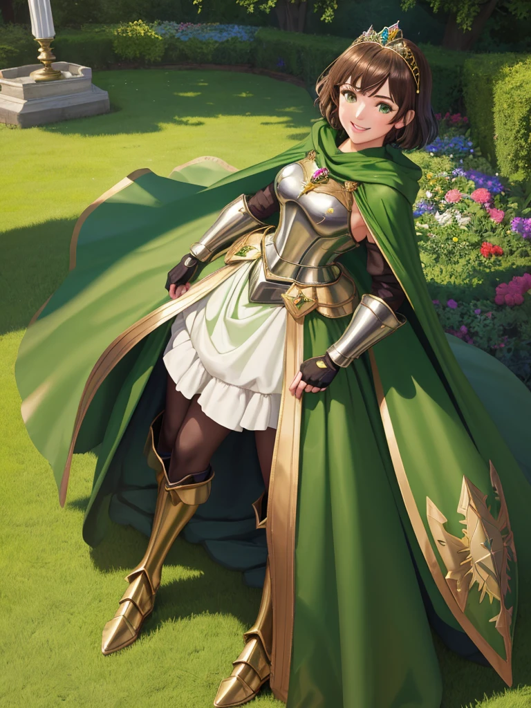 masterpiece, best quality:1.2), 1girl, smile, looking at viewer, green eyes, short brown hair, princess, armor, , pauldrons, armored dress, green cloak cape, wearing puffy blue ballgown skirt, golden tiara with green gem, armored boots, fingerless gloves, standing in medieval garden