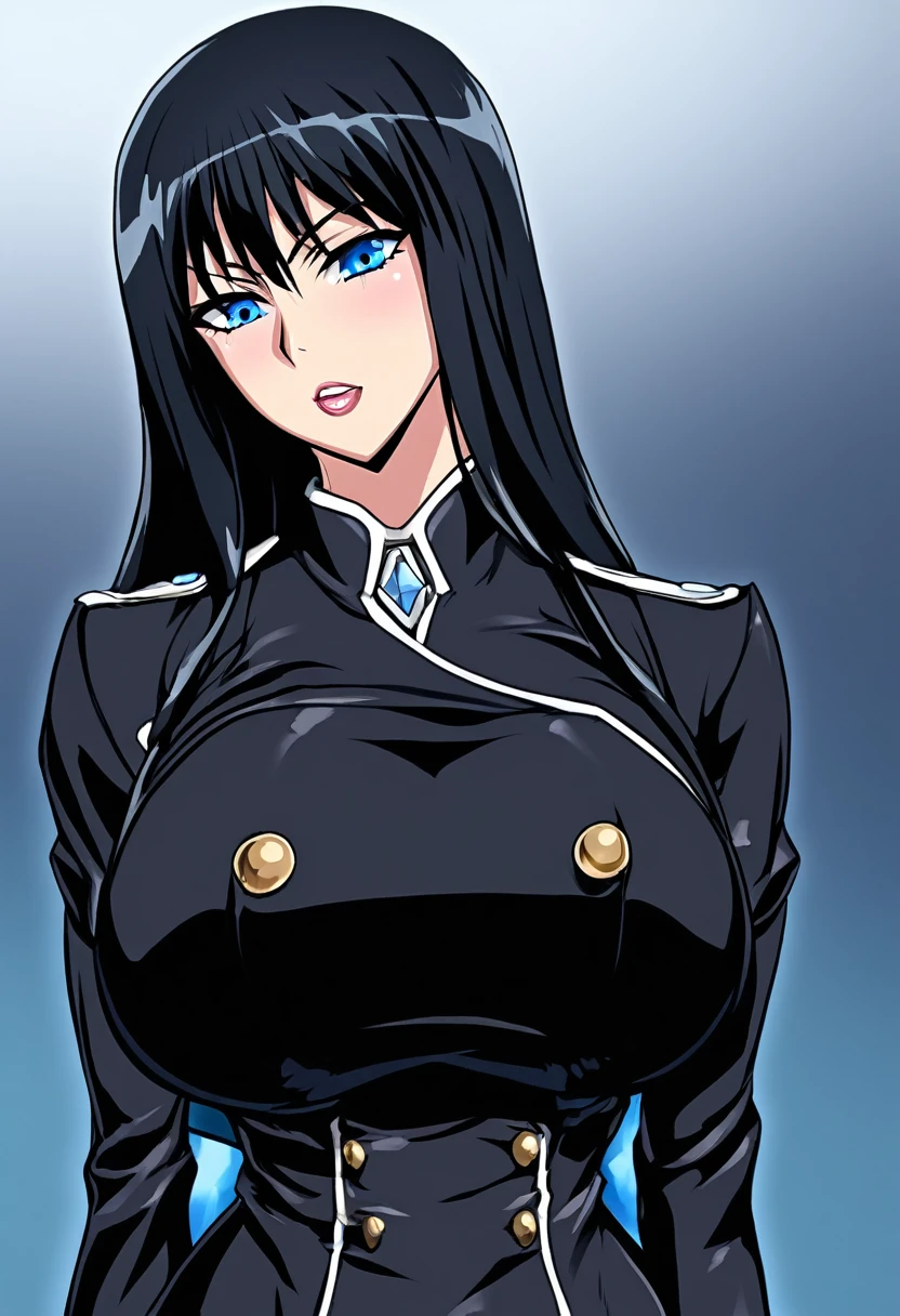 Black-haired, blue-eyed, large-breasted woman