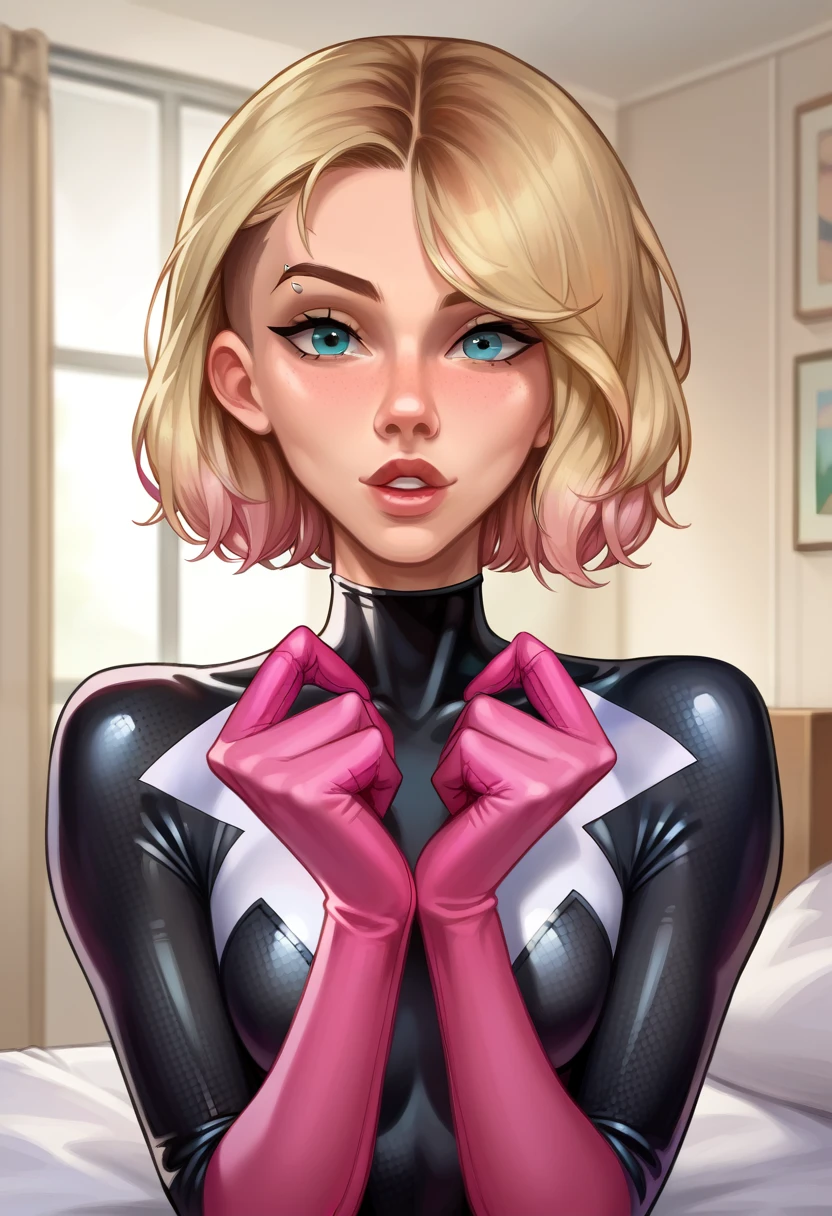 score_9, score_8_up, score_7_up, score_6_up, score_5_up, (high quality, detailed, beautiful), detailed soft lighting, rating_explicit, 1girl, 1boy, Gwen Stacy wearing Spider Gwen suit, cowgirl position, vaginal penetration, medium penis, in her bedroom, blush, beautiful eyes, open eyes.