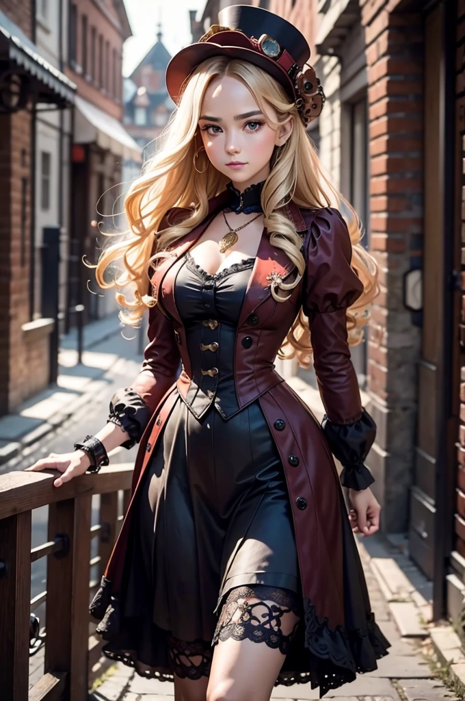 close-up, straight hair blonde short curly girl the little red hat, clock on necklace, (Victorian era), ((steampunk)), cinematography, worked, elegant, meticulous, magnificent, maximum detail, extremely hyper-aesthetic, intricately detailed, lots of gears, old town background