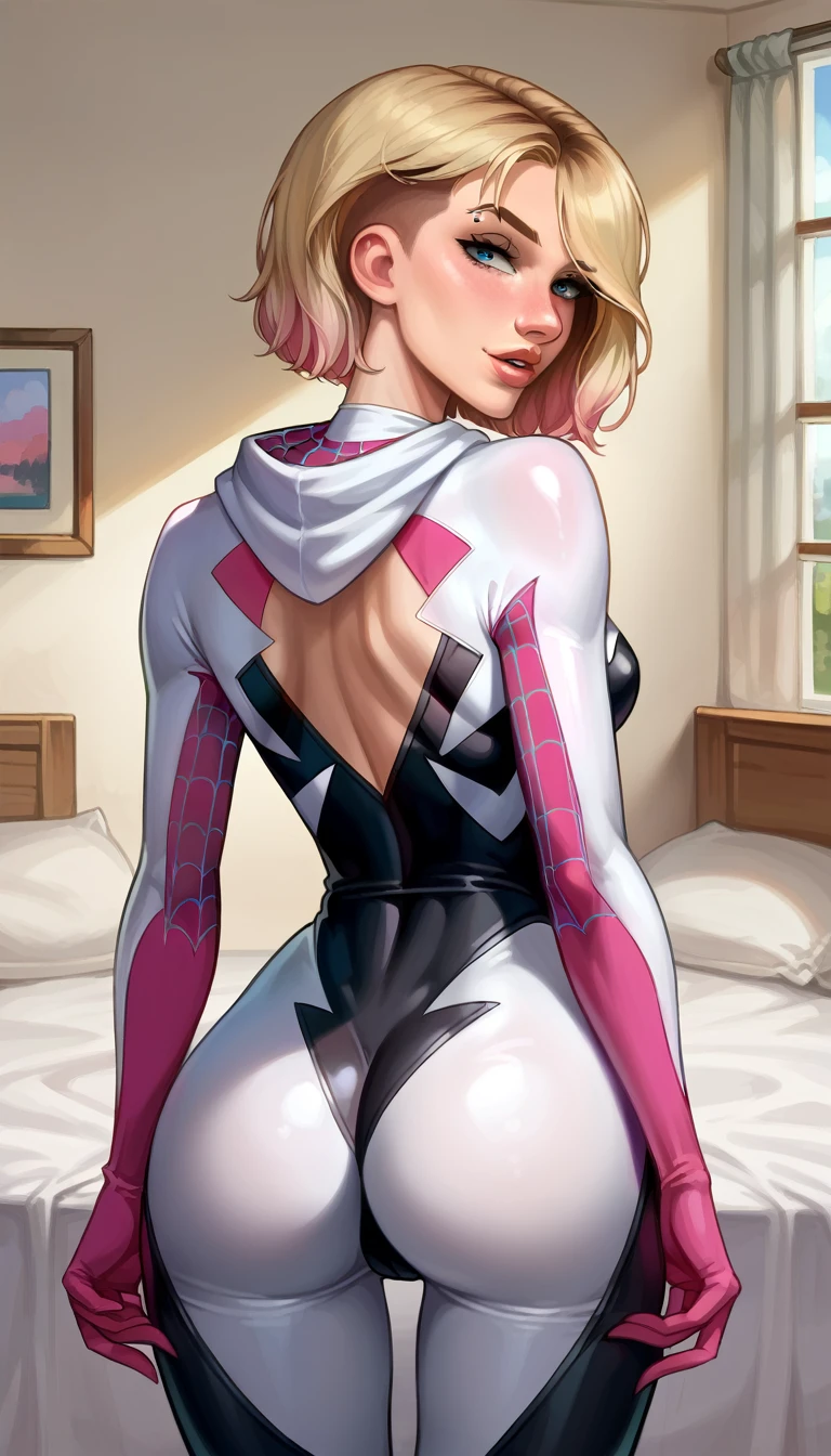 score_9, score_8_up, score_7_up, source_cartoon, BREAK 1girl, solo, short hair Gwen Stacy, looking at viewer, parted lips, (Spidergwen suit:1.1), mature woman, highly detailed face, highly detailed hands, beautiful woman, in her bedroom, model poses, rear view