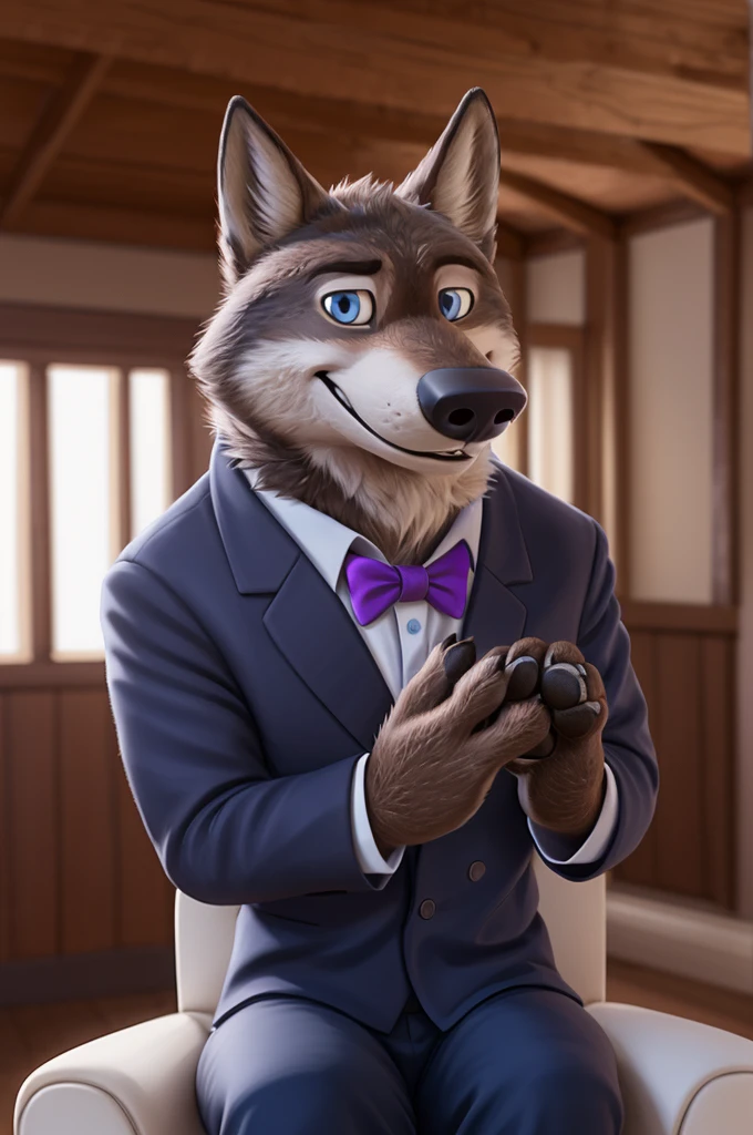 Larry (Zootopia), wolf, Gray Fur, (brown body:1.3), beautiful blue eyes, Zootopia, dressed,blazer,pink shirt,trousers,bow tie,бутоньерка groomа,canine,wolf, Detailed fur, male, antro, paw pads, finger claws, Plays,at viewer, 5 fingers, paws, 4 toes, in the marriage palace, groom,ring on a finger,
BREAK from nextel, for dating, by xenoforge, (difficult, high detail,digital photography, soft focus, RAW, close to the camera, smile, positive, good, mood, Houses, looks at the viewer, очень close to the camera, sitting on a rich chair,
Photorealism, realistic, photorealistic,digital style, Subsurface scattering,очень close to the camera
шедевр, Best quality, ultra realistic, 8 k)