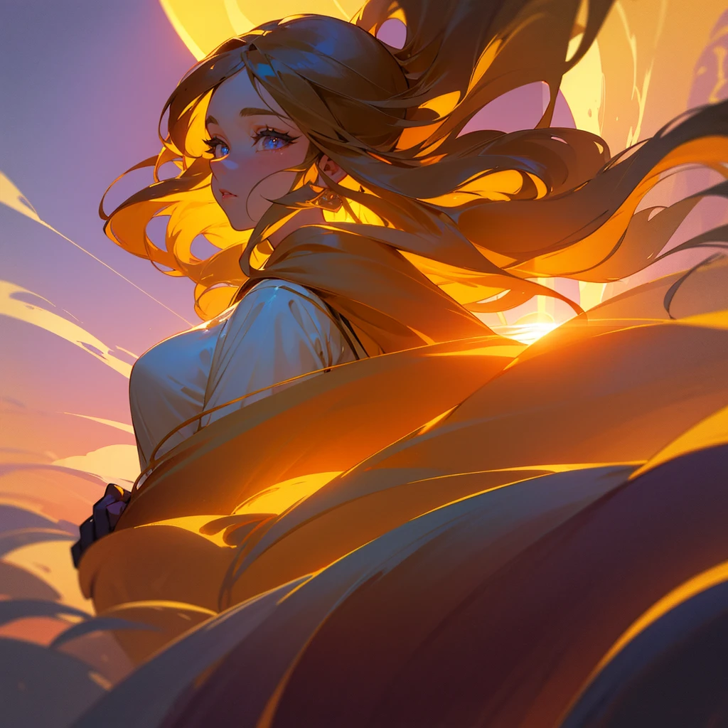 a girl hovering above clouds,girl looking at setting sun,back view of girl,sun in background,dramatic lighting,beautiful detailed eyes,beautiful detailed lips,extremely detailed eyes and face,long eyelashes,serene expression,flowing hair,ethereal atmosphere,warm golden light,vibrant colors,dramatic clouds,photorealistic,hyper detailed,8k,best quality,masterpiece