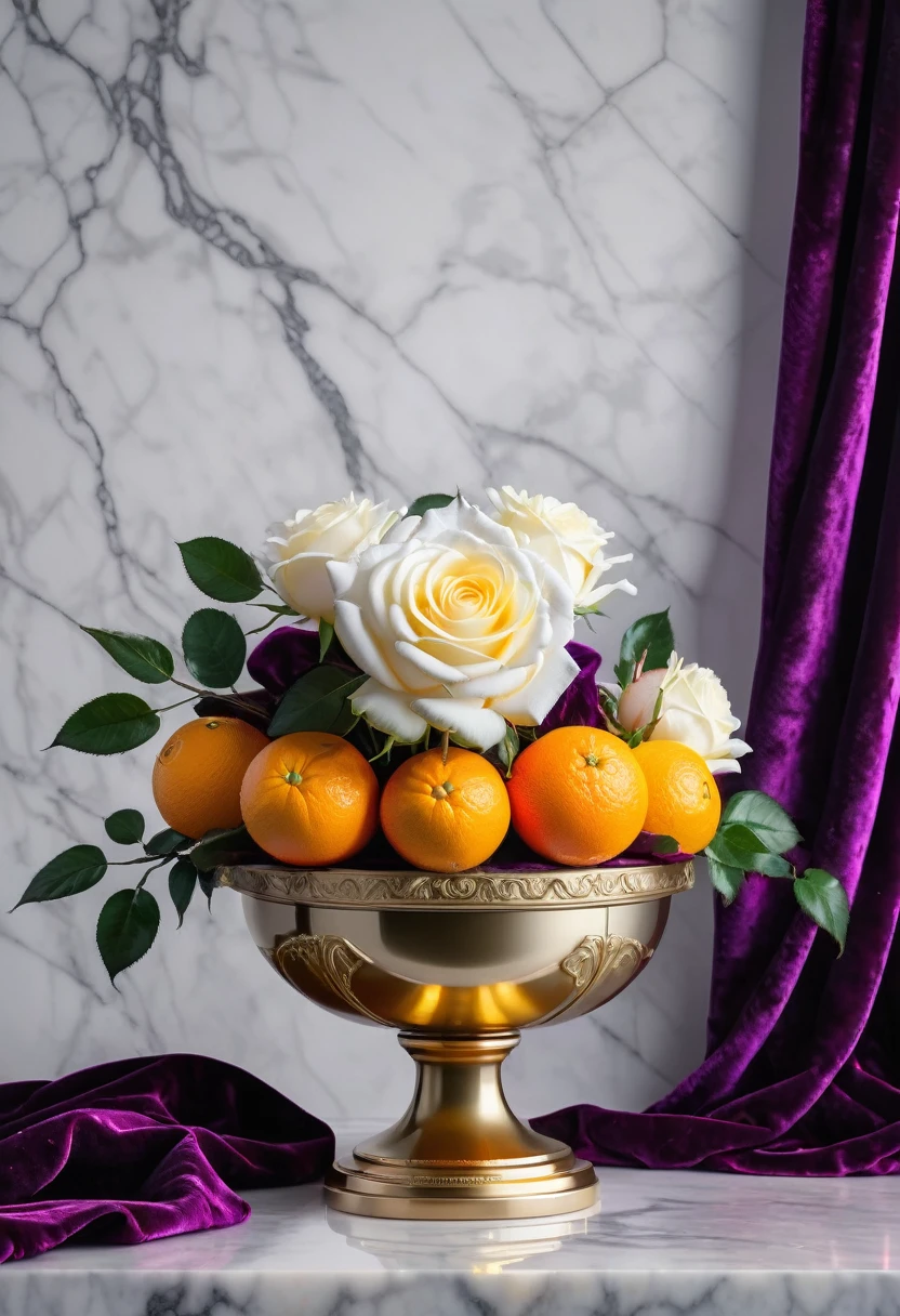 minature sun on a pedestal. oranges on a white marble table, mist in background, 8k, photography style,a clear glass vase with orange bioluminescent fluid in them, on a white marble table, large red rubies and emeralds, fine jewels, scattered on the table, deep purple velvet drapes, bioluminescent, colorfull, glow, fluid, glowing, Appetizing, professional, culinary, high-resolution, commercial, highly detailed,neon hue, full of color, there are 12 white roses in a marble and gold vase, sunlite background, radiant
