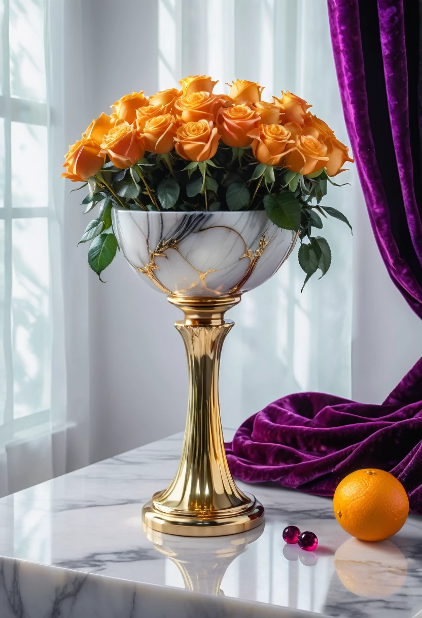 minature sun on a pedestal. oranges on a white marble table, mist in background, 8k, photography style,a clear glass vase with orange bioluminescent fluid in them, on a white marble table, large red rubies and emeralds, fine jewels, scattered on the table, deep purple velvet drapes, bioluminescent, colorfull, glow, fluid, glowing, Appetizing, professional, culinary, high-resolution, commercial, highly detailed,neon hue, full of color, there are 12 white roses in a marble and gold vase, sunlite background, radiant