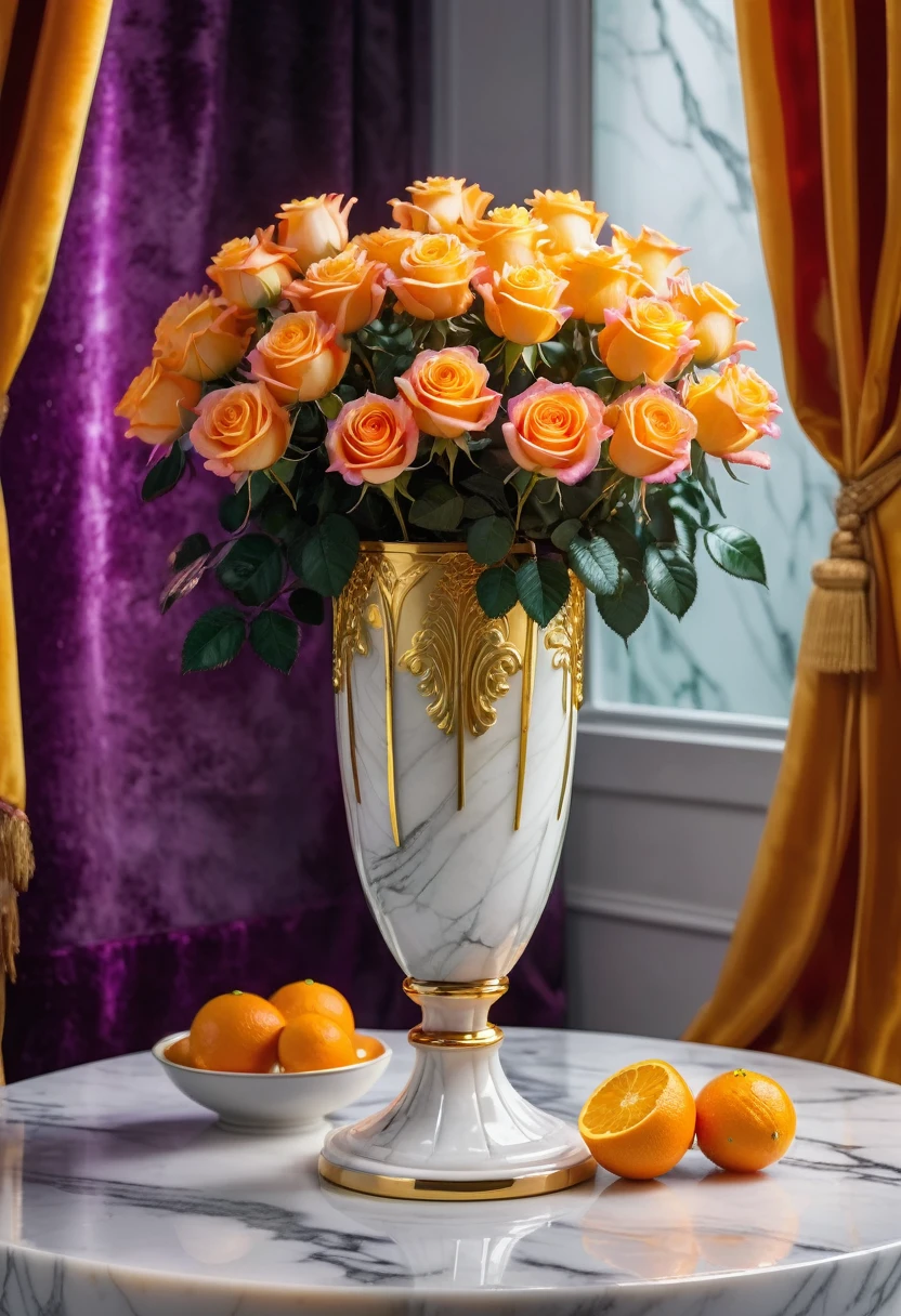 minature sun on a pedestal. oranges on a white marble table, mist in background, 8k, photography style,a clear glass vase with orange bioluminescent fluid in them, on a white marble table, large red rubies and emeralds, fine jewels, scattered on the table, deep purple velvet drapes, bioluminescent, colorfull, glow, fluid, glowing, Appetizing, professional, culinary, high-resolution, commercial, highly detailed,neon hue, full of color, there are 12 white roses in a marble and gold vase, sunlite background, radiant