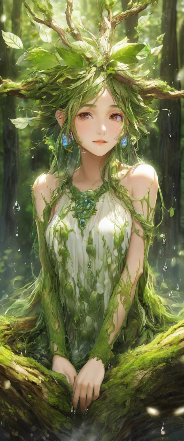 One girl, Female tree spirit, Wood Hair, Internal boiling acetic acid, Put a few drops of acetic acid on the skin,