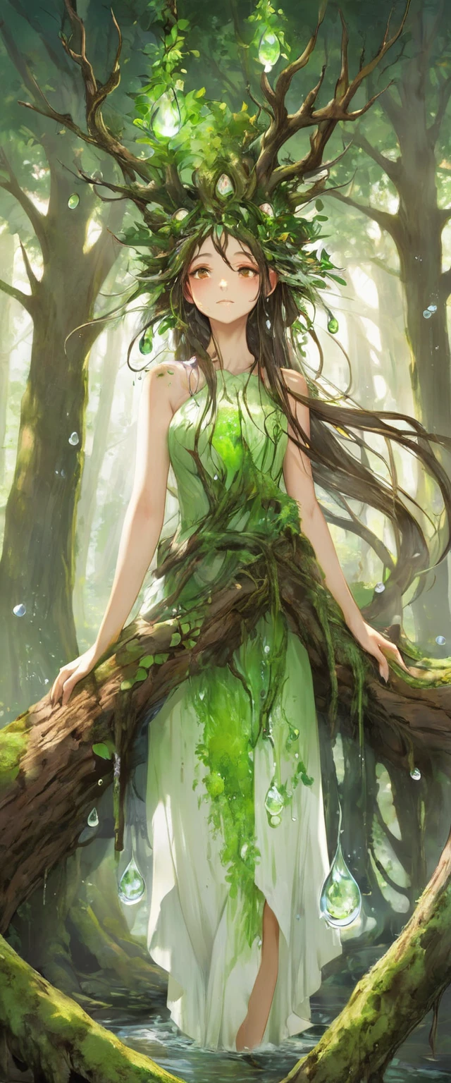 One girl, Female tree spirit, Wood Hair, Internal boiling acetic acid, Put a few drops of acetic acid on the skin,