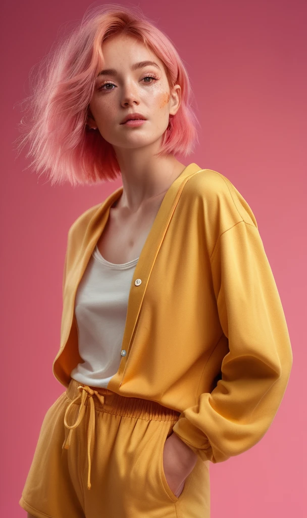 (masterpiece,best quality, ultra realistic,32k,RAW photo,detail skin, 8k uhd, dslr,high quality, film grain:1.1), short hair , pink hair hair:1.1,portrait,lady, brown eyes, DayGlo yellow Pajama pants and oversized t-shirt, freckles, (Rust gradient background,led light, edge light, simple background)