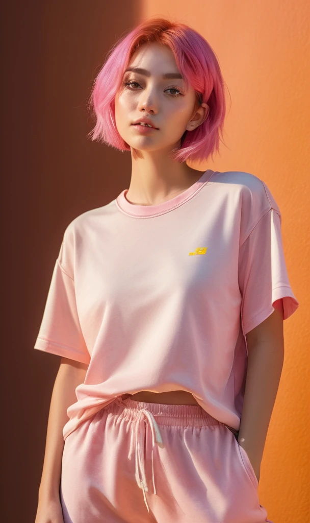 (masterpiece,best quality, ultra realistic,32k,RAW photo,detail skin, 8k uhd, dslr,high quality, film grain:1.1), short hair , pink hair hair:1.1,portrait,lady, brown eyes, DayGlo yellow Pajama pants and oversized t-shirt, freckles, (Rust gradient background,led light, edge light, simple background)