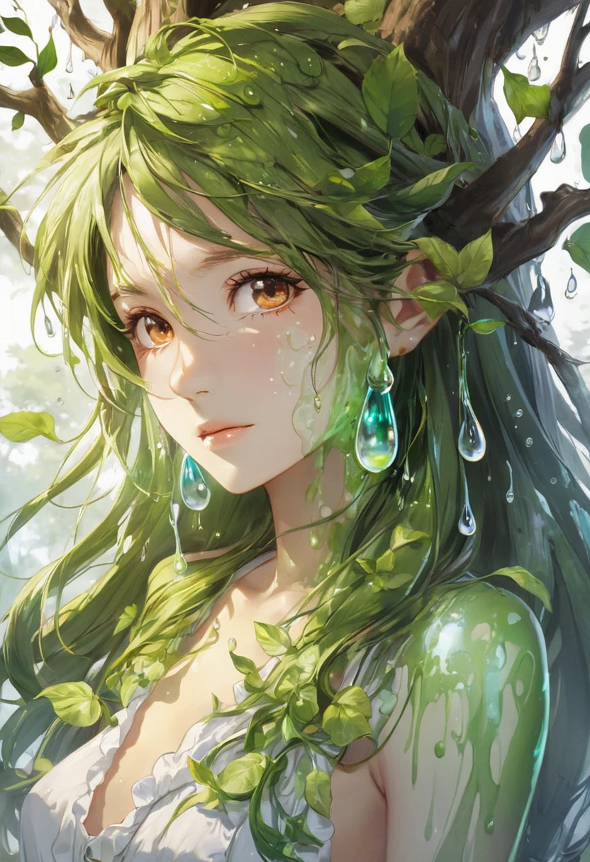 One girl, Female tree spirit, Wood Hair, Internal boiling acetic acid, Put a few drops of acetic acid on the skin,