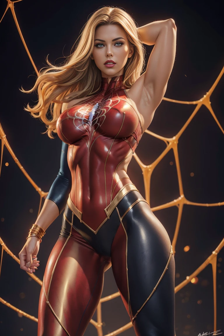 Full body shot seen from behind Sexy superheroine Spidergirl long blonde hair glowing blue eyes red lips muscular body large breast wears a red golden cobweb pattern tight leather pants, red golden cobweb pattern leather short, red and black stilettos, black tights, plunging sleeveless top gold shoulder pads gold bracelets revealing abs midriff a Z symbol on her chest portrait photography by artgerm, in the style of realism, glistening skin, cartooncore, mangacore, natural lighting, Defined full lips. Muscular fitness feminine body spider web in the background