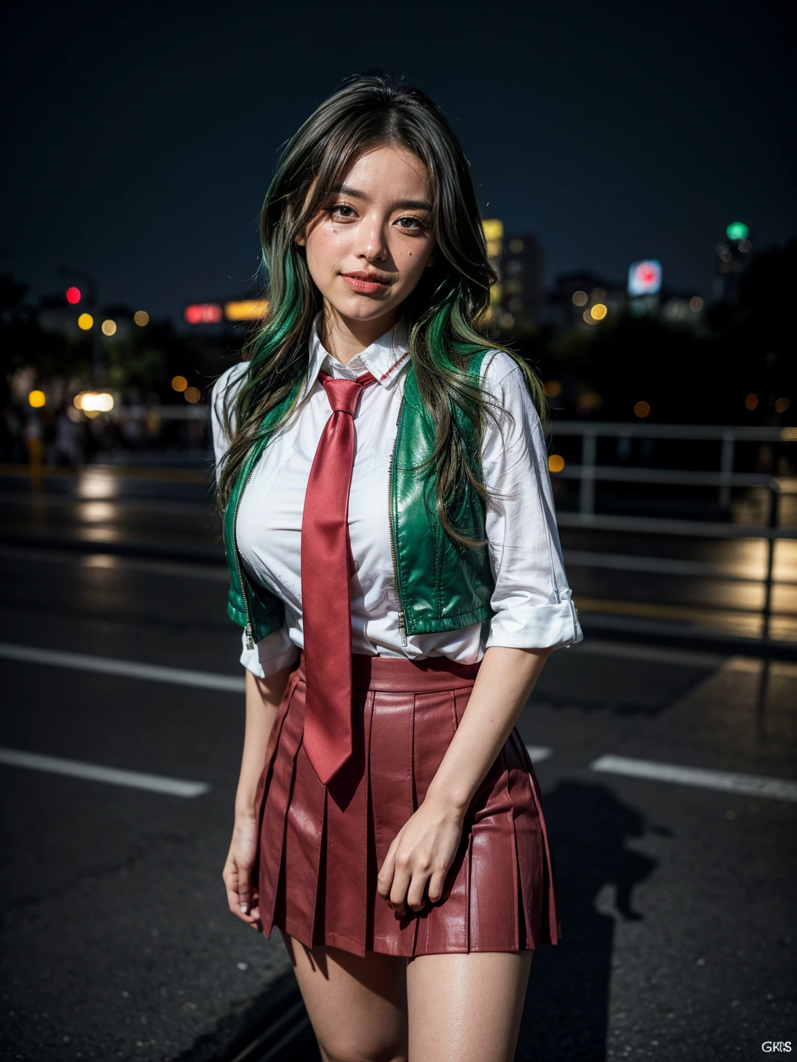(1 lady), (Best quality at best:1.4), (ultra - detailed), (extremely detailed CG unified 16k), A Beautiful Woman with Perfect Figure: 1.4, Sharp Focus: 1.2, very detailed, High-definition RAW color photo, professional photoshooting, amazing face and eyes, cosmetics, (amazingly beautiful girl), ((Mion Sonozaki)), ((white shirt, red necktie, yellow vest, red skirt, cotton clothes)), standing, sexyposture,(Dark and stylish urban landscape, city lights, city lights:1.3), (look from down), realistic cinematic face, head to feet long wide zoomed out view, full body long view, photorealistic, ((realistic natural green hair style, green eyes, long hair)), gorgeous, extremely beautiful face, perfect model beauty, pout mouth, Highly Detailed Face and Skin Texture, Detailed Eyes, Double Eyelids, Big Breasts, Smile, cleavages, western, (masterpiece), best quality, high resolution, extremely detailed, blurred background, depth of field, cinematic lighting, amazing legs, clear and well-cared skin, (((woman occupies most of the picture)))