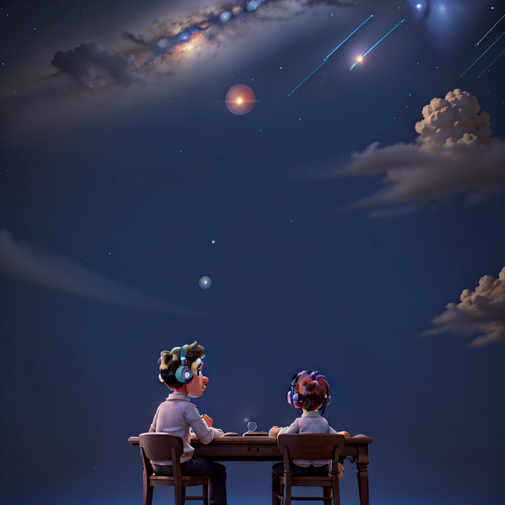 A small astronomer in the middle of blue background sitting alone who is wearing headphones seen from his back sitting in a table his face cannot be seen there is only  chair no computers and he is looking at a shooting star

