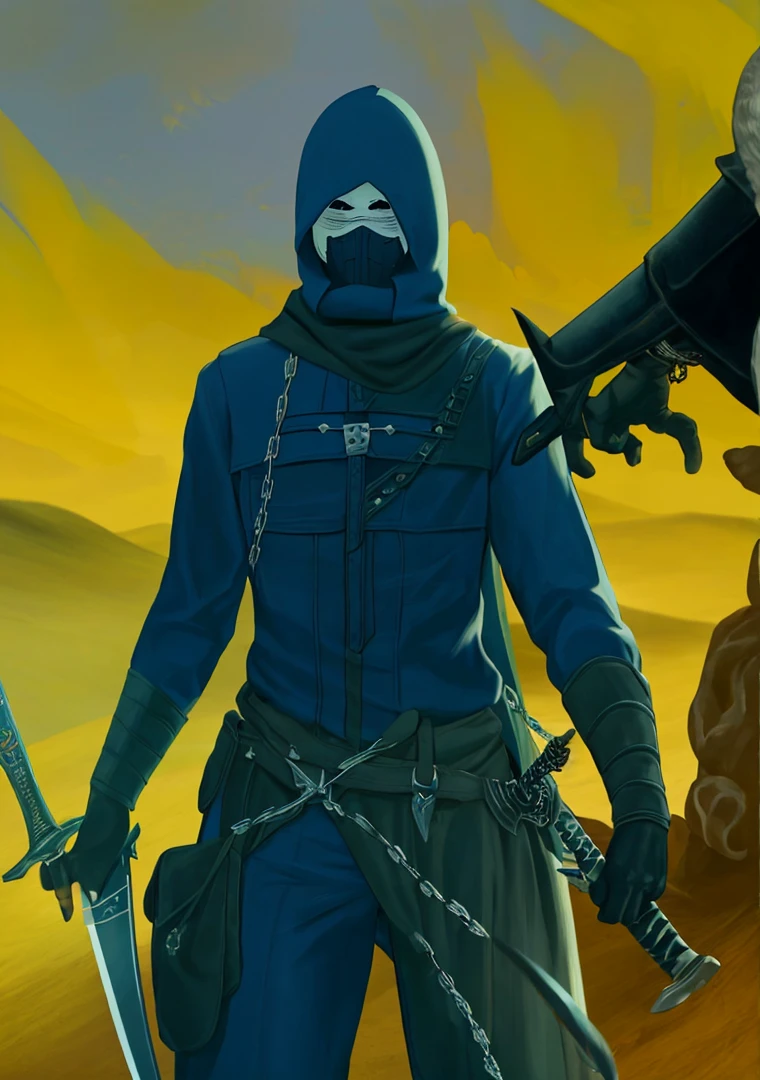 (masterpiece, top quality, best quality, official art, beautiful and aesthetic)1.2,(8k, best quality, masterpiece:1.2)+, bandit, sack over head, black sack, covered face, patches, ragged sack, rope neck, aviator coat, chain mail beneath, two swords, thin swords, novice, ragged, teen, black skin, darker tones, creepy mask, Arabic aesthetic, desert, no hood, thief, ski mask, short, young, inexperienced, clumsy, ds3 thrall,