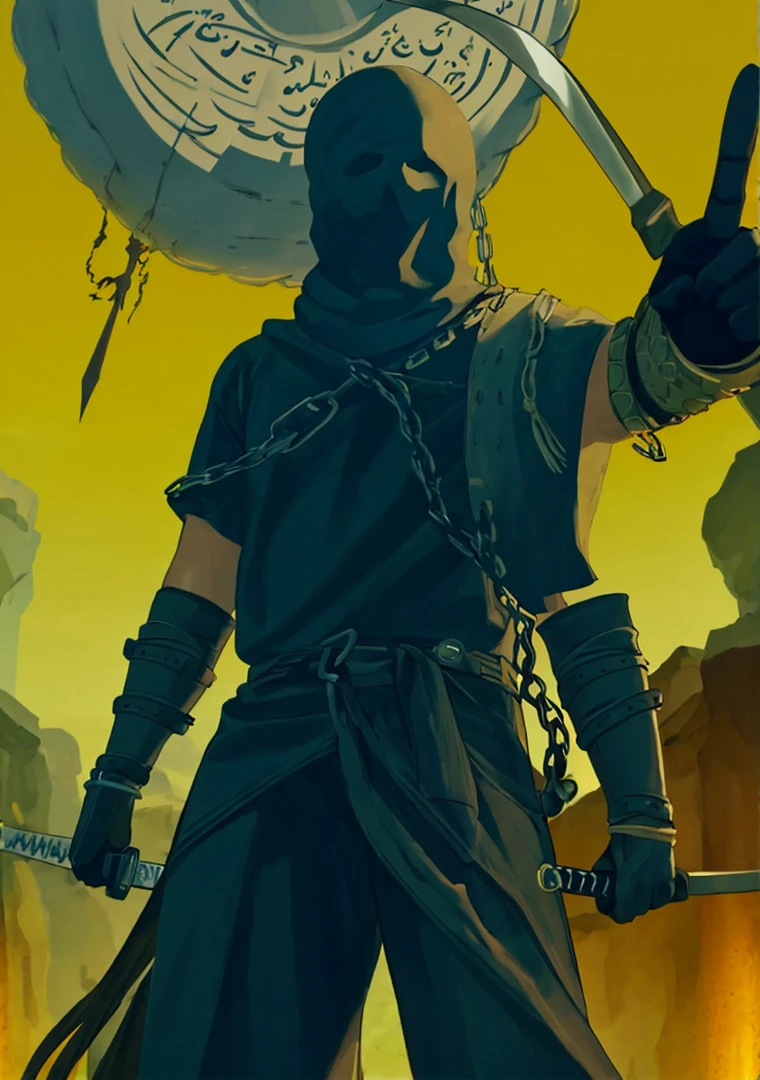(masterpiece, top quality, best quality, official art, beautiful and aesthetic)1.2,(8k, best quality, masterpiece:1.2)+, bandit, sack over head, black sack, covered face, patches, ragged sack, rope neck, aviator coat, chain mail beneath, two swords, thin swords, novice, ragged, teen, black skin, darker tones, creepy mask, Arabic aesthetic, desert, no hood, thief, ski mask, short, young, inexperienced, clumsy, ds3 thrall,