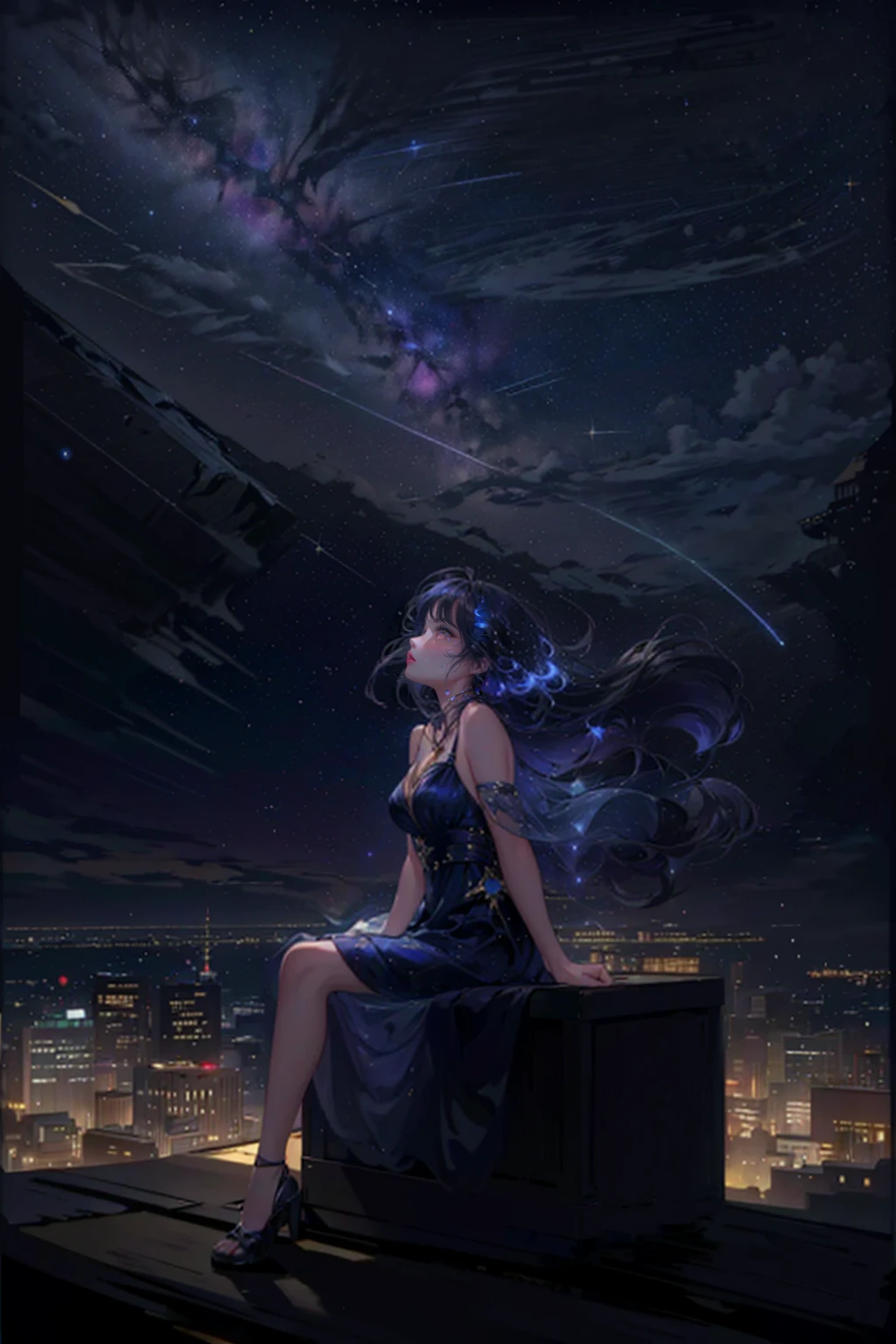 1girl,solo,cool,brilliant eye,outdoor,building,rooftop,sitting, look up at the sky,faw away,at night,octans,starry sky,milky way, fanxing ,city view,