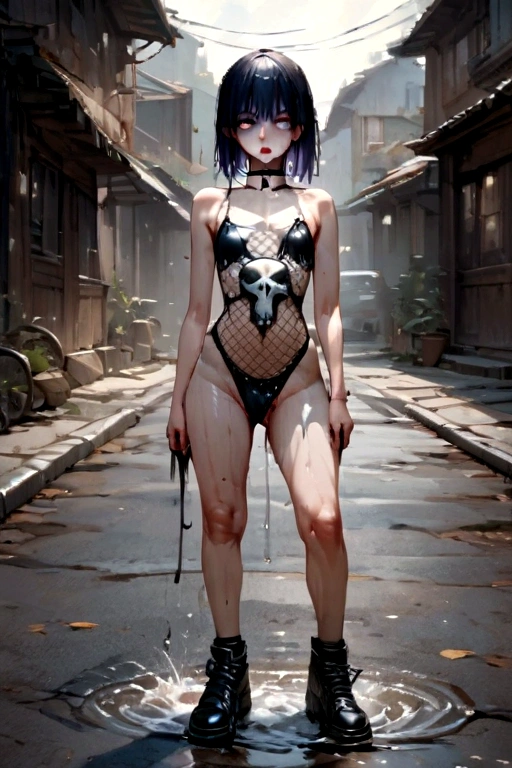 Ultra-realistic 8k CG, masterpiece, best quality, (photorealistic:1.4), absurdres, extremely detailed, real hair, life-like, horror scene, dark setting, provocative pose, girl covered in slime, fingering pussy, walking on street, wet, wetting, peeing, wet messy purple-black hair, blue eyes, very skinny, goth girl, rolling eyes, wet goth clothes, choker, high shoes, full-body fishnet, skull print, small breast, small ass, bare breasts