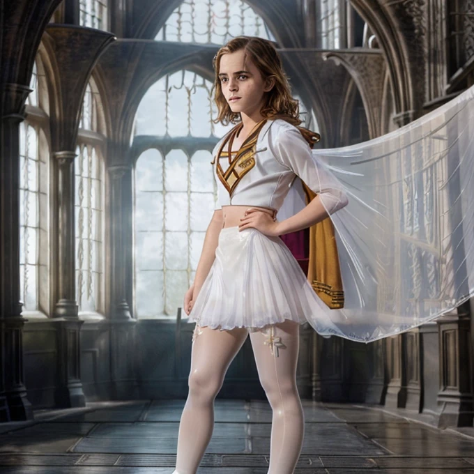 (Emma Watson as Hermione Granger wearing Hogwarts uniform with white transparent nylon tights backing up:1.5). viewed from 3/4 side. Full body. Afraid of her surroundings. Looking over her shoulder. Sun light,Photorealistic. 8K resolution. Masterpiece. Wide angle shot.