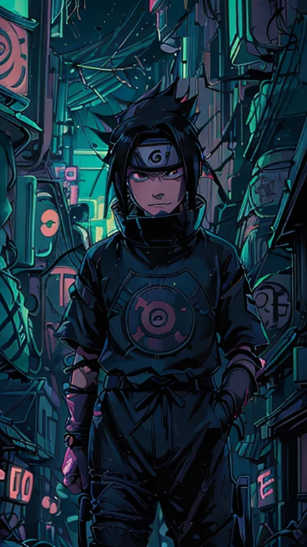 best quality,masterpiece,1boy,solo,(((13years old))),japanese boy,an extremely cute and handsome boy,highly detailed beautiful face and eyes,petit,cute face,lovely face,baby face,shy smile,show teeth, ,Black hair,flat chest,skinny,slender,(((Wearing a Sasuke Uchiha costume))),(((standing in Dark Midnight Neon Glow light Cyberpunk Konoha Village))),he is looking at the viewer,