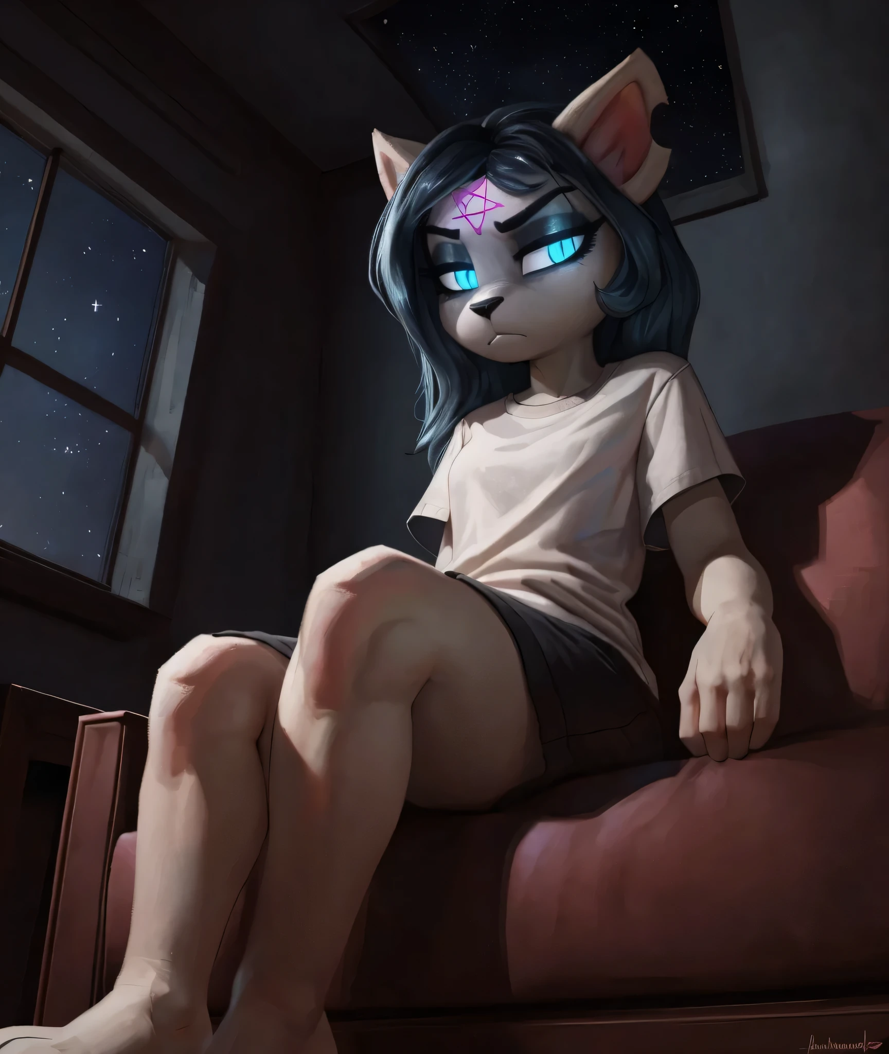 [Claire], [the summoning], [Uploaded to e621.net; (Pixelsketcher), (wamudraws)], ((masterpiece)), ((HD)), ((high res)), ((solo portrait)), ((full body)), ((low angle view)), ((feet visible)), ((furry; anthro)), ((detailed fur)), ((detailed soft shading)), ((beautiful render art)), {anthro; (slim figure), white fur, black nose, (cat snout), (cat ears), (cut on left ear), long blue hair, (bang over left eye), (pink pentagram on forehead), (cute blue eyes), (glowing eyes), (half-closed eyes), (short eyelashes), (indigo eyeshadow), (curvy hips), (beautiful legs), cute feet, four toes, humanoid feet, (intimidating glare), (bored expression)}, {(long black baggy tee shirt)}, {(sitting on couch), (hands in lap), (crossed legs), (looking at viewer)}, [background; (living room), (window), (woods), (nighttime), (starry sky), (ambient lighting)]