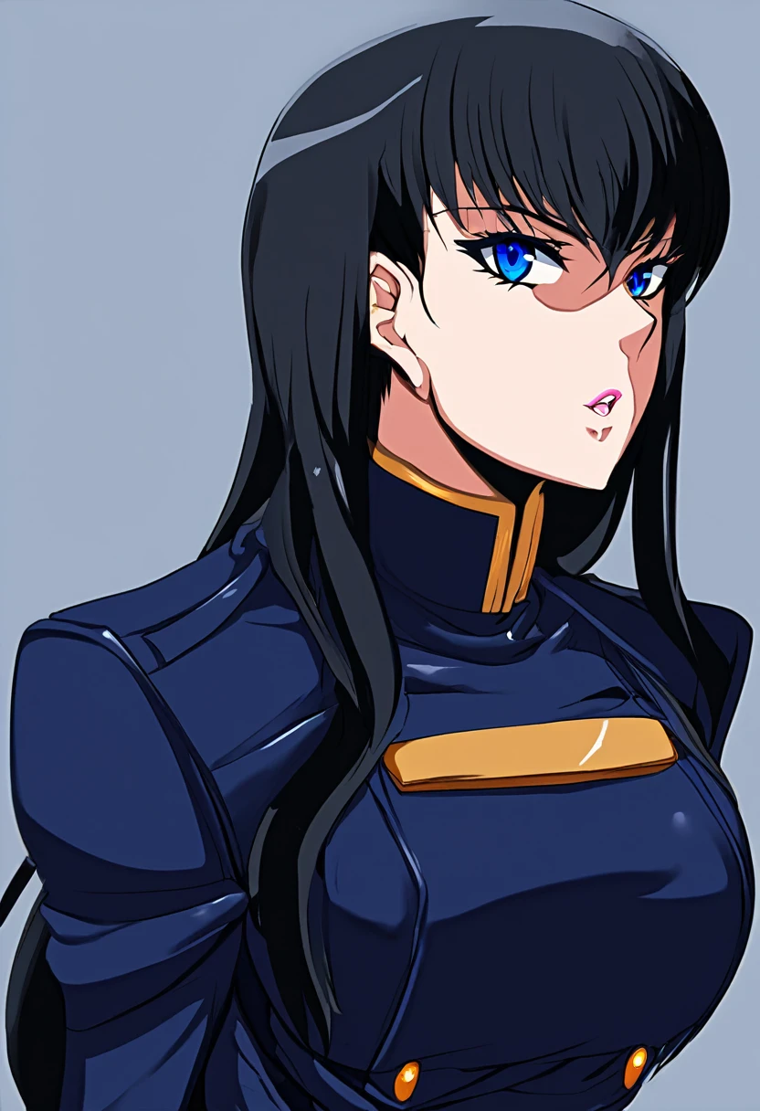 Black-haired, blue-eyed, large-breasted woman