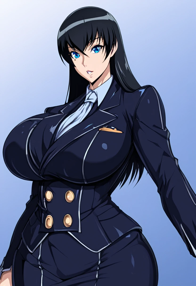 Black-haired, blue-eyed, large-breasted woman
