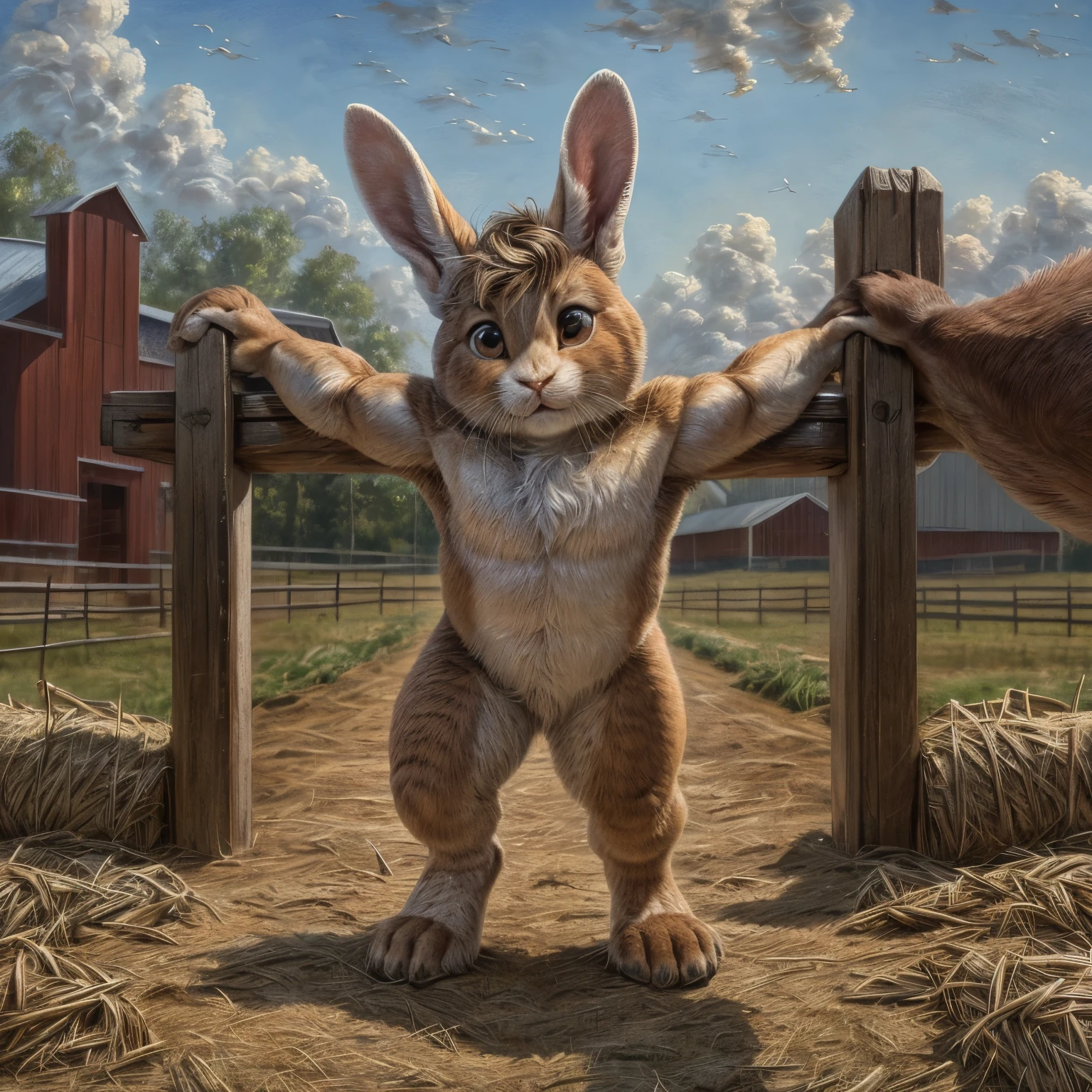 perspective，Multi-scenario，Cub，whole body，Strong calves，Charm，Farm environment, Toddler boy bunny, Rabbit shape, muscular，Hot，Sweaty， Looking at the audience, By Ken Ketter, (Clear focus, masterpiece, 8K, Complex artwork, Ultra Detailed, High Detail),