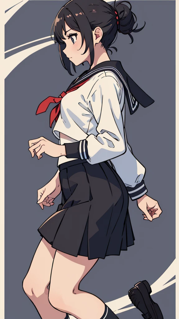 From the side,whole body,Hair tied up,Sailor suit,Black Skirt,socks,School