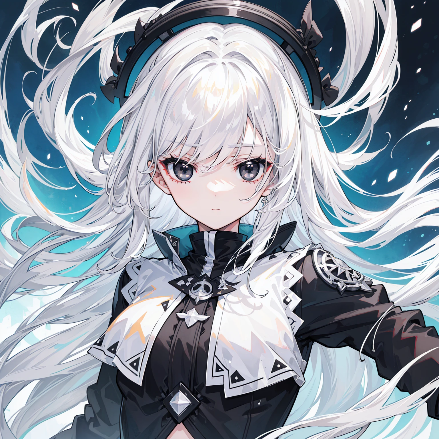 (Top image quality)、(Ultra Detailed)、(Facing forward)、top quality、masterpiece、((((1 girl))))、Silver Hair、white hair、((Long hair))、(black eyes:1.6)