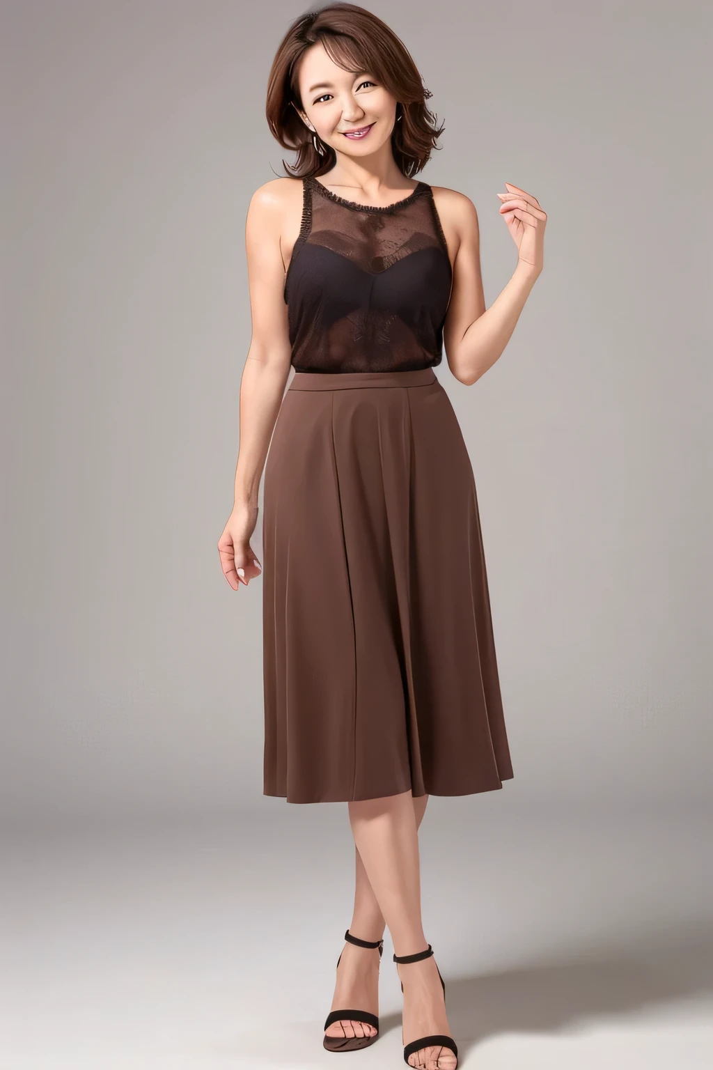 50-year-old woman、Mature Woman、A kind smile、Sexy、The arm is out、sexy、No background、Plain background、Plain gray background、Clothes that expose a lot of skin、Hair length is long、Body line emphasis、Brown dresini skirt、Beautiful legs、The skin is visible、lingerie