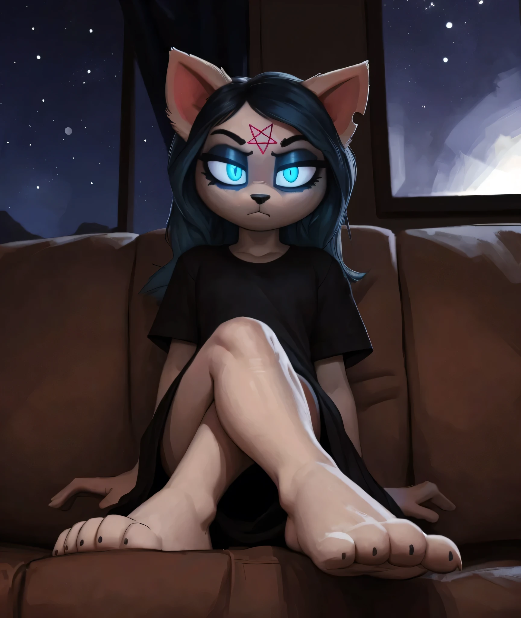 [Claire], [the summoning], [Uploaded to e621.net; (Pixelsketcher), (wamudraws)], ((masterpiece)), ((HD)), ((high res)), ((solo portrait)), ((full body)), ((low angle view)), ((foot focus)), ((furry; anthro)), ((detailed fur)), ((detailed soft shading)), ((beautiful render art)), {anthro; (slim figure), white fur, black nose, (cat snout), (cat ears), (cut on left ear), long blue hair, (bang over left eye), (pink pentagram on forehead), (cute blue eyes), (glowing eyes), (half-closed eyes), (short eyelashes), (indigo eyeshadow), (curvy hips), (beautiful legs), cute feet, humanoid feet, (intimidating glare), (bored expression)}, {(long black baggy tee shirt)}, {(sitting on couch), (hands in lap), (crossed legs), (looking at viewer)}, [background; (living room), (window), (woods), (nighttime), (starry sky), (ambient lighting)]